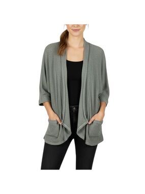 Dana Buchman Classic 3/4 Sleeves Open Front Ribbed Knit Cardigan Large Grey
